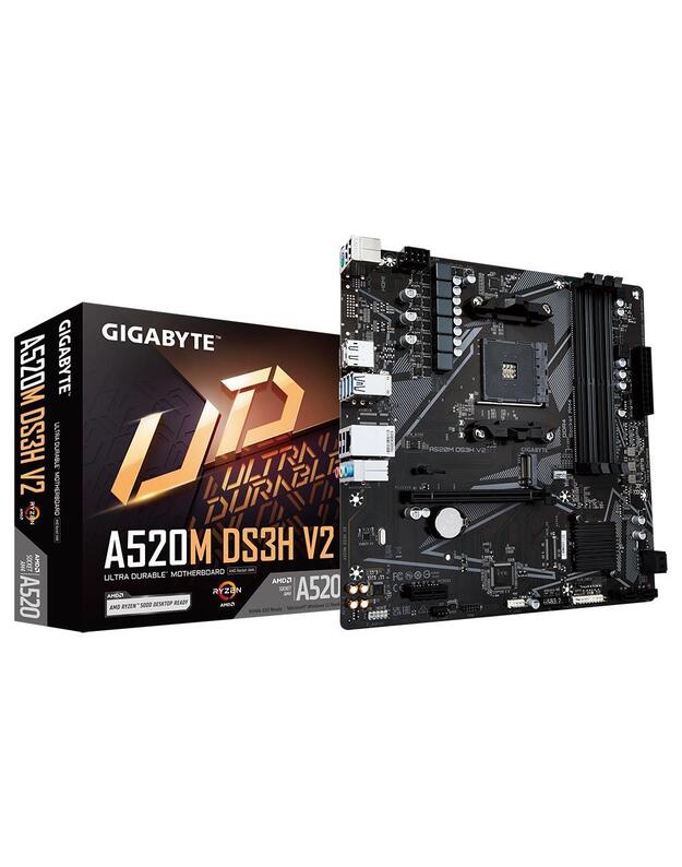Mainboard|GIGABYTE|AMD A520|SAM4|Micro-ATX|Memory DDR4|Memory slots 4|1xPCI-Express 3.0 1x|1xPCI-Express 3.0 16x|1xM.2|1xHDMI|1xDisplayPort|2xUSB 2.0|4xUSB 3.2|1xPS/2|1xRJ45|3xAudio port|A520MDS3HV2