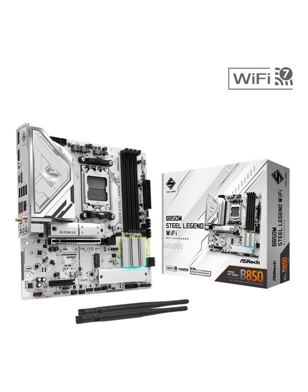 Mainboard|ASROCK|AMD B850|SAM5|Micro-ATX|Memory DDR5|Memory slots 4|4xPCI-Express 4.0 4x |1xPCI-Express 5.0 16x|1xM.2|1xHDMI|1xDisplayPort|1xAudio-In|1xAudio-Out|1xMicrophone|4xUSB 2.0|3xUSB 3.2|1xUSB-C|1xRJ45|B850MSTEELLEGENDWIFI