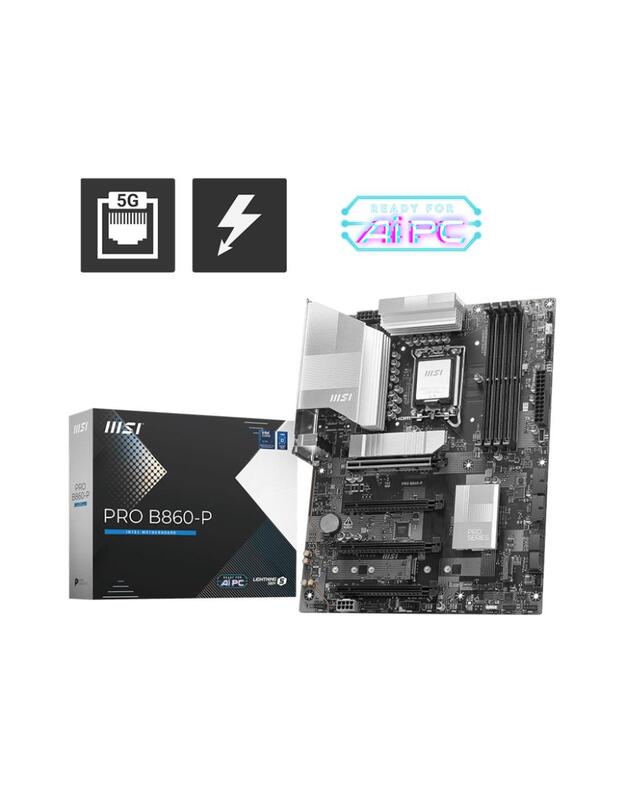 Mainboard|MSI|Intel B860 Express|LGA1851|ATX|Memory DDR5|Memory slots 4|4xPCI-Express 16x|1xHDMI|1xDisplayPort|1xAudio-In|1xAudio-Out|1xMicrophone|4xUSB 2.0|2xUSB 3.0|2xUSB 3.2|1xUSB-C w/Thunderbolt|1xRJ45|PROB860-P