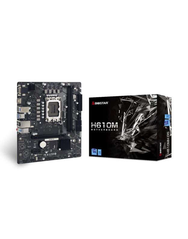 Mainboard|BIOSTAR|Intel H610|LGA1700|Micro-ATX|Memory DDR5|Memory slots 2|1xPCI-Express 3.0 1x|1xPCI-Express 4.0 16x|2xM.2|1x15pin D-sub|1xHDMI|4xUSB 2.0|2xUSB 3.2|1xPS/2|1xRJ45|3xAudio port|H610MHD5
