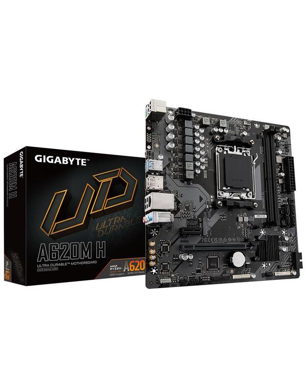 Mainboard|GIGABYTE|AMD A620|SAM5|Micro-ATX|Memory DDR5|Memory slots 2|1xPCI-Express 3.0 16x|1xPCI-Express 4.0 16x|1xM.2|1xHDMI|1xDisplayPort|4xUSB 2.0|2xUSB 3.2|1xPS/2|1xRJ45|3xAudio port|A620MH1.2