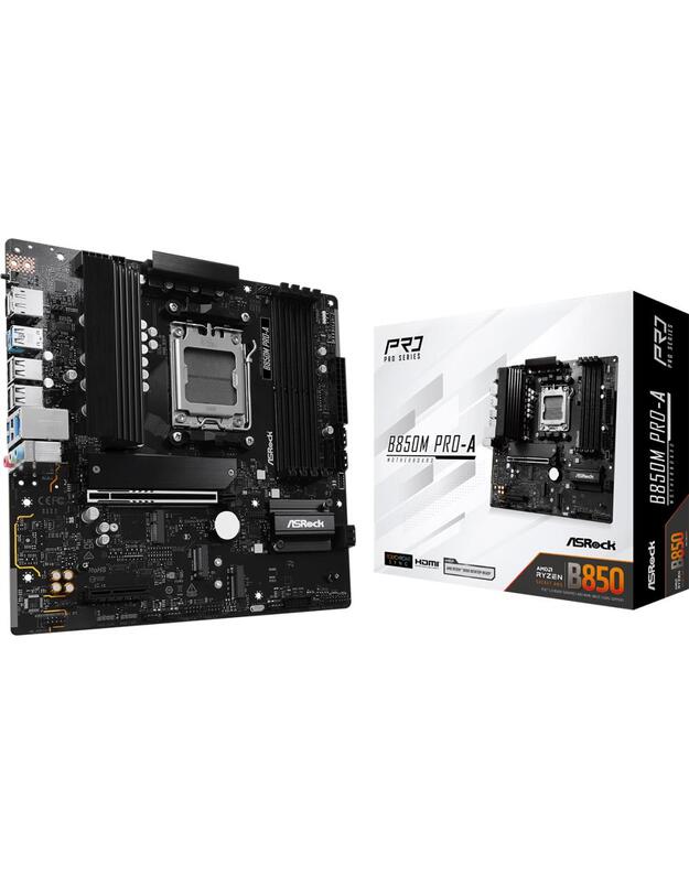 Mainboard|ASROCK|AMD B850|SAM5|Micro-ATX|Memory DDR5|Memory slots 4|1xPCI-Express 4.0 4x |1xPCI-Express 5.0 16x|1xM.2|1xHDMI|1xDisplayPort|1xAudio-In|1xAudio-Out|1xMicrophone|4xUSB 2.0|3xUSB 3.2|1xUSB-C|1xRJ45|B850MPRO-A