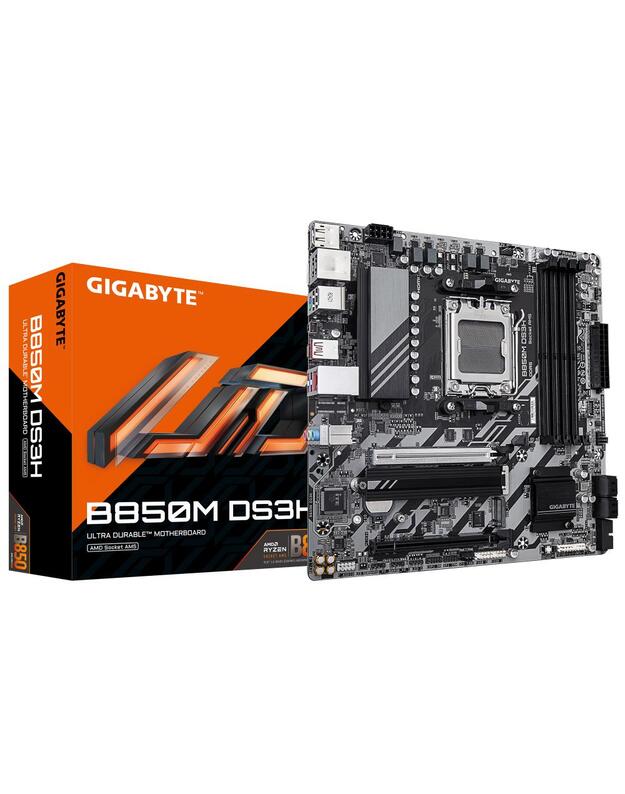 Mainboard|GIGABYTE|AMD B850|SAM5|Micro-ATX|Memory DDR5|Memory slots 4|1xPCI-Express 3.0 4x|1xPCI-Express 5.0 16x|2xM.2|1xHDMI|2xDisplayPort|4xUSB 2.0|2xUSB 3.2 type B|1xUSB 3.2|1xUSB-C|1xPS/2|1xRJ45|3xAudio port|B850MDS3H