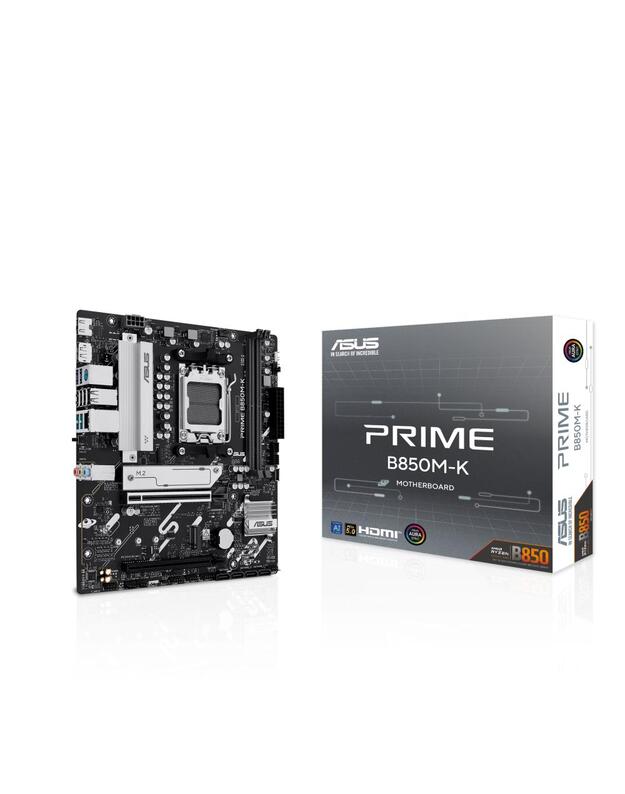 Mainboard|ASUS|AMD B850|SAM5|Micro-ATX|Memory DDR5|Memory slots 2|1xPCI-Express 4.0 16x|1xPCI-Express 5.0 16x|2xM.2|1xHDMI|1xDisplayPort|4xUSB 2.0|4xUSB 3.2|1xPS/2|3xAudio port|PRIMEB850M-K