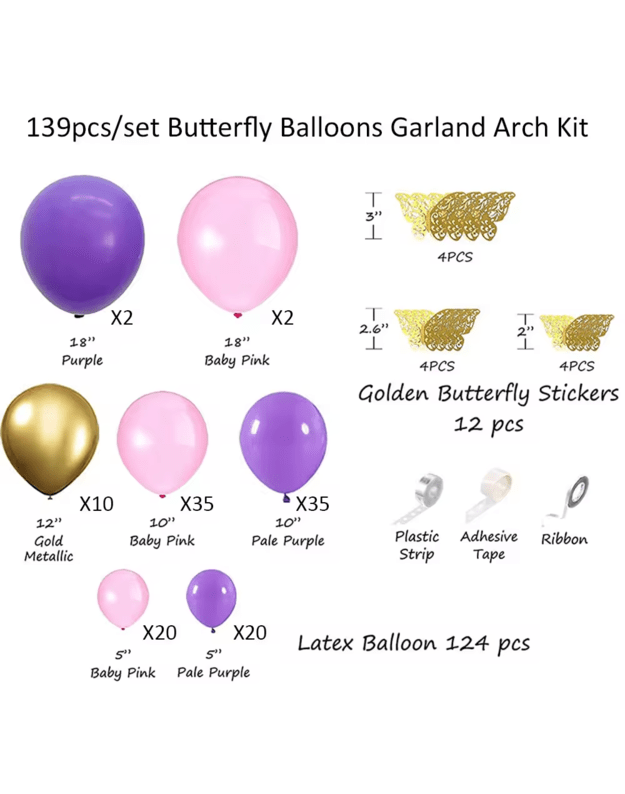 Pink Purple Butterfly balionų rinkinys (139 pcs) 1