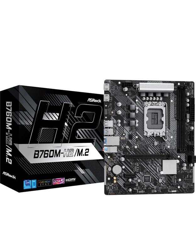 Mainboard|ASROCK|Intel B760 Express|LGA1700|Micro-ATX|Memory DDR5|Memory slots 2|2xPCI-Express 3.0 1x|1xPCI-Express 4.0 16x|3xM.2|2xHDMI|2xUSB 2.0|4xUSB 3.2|1xRJ45|3xAudio port|B760M-H2/M.2