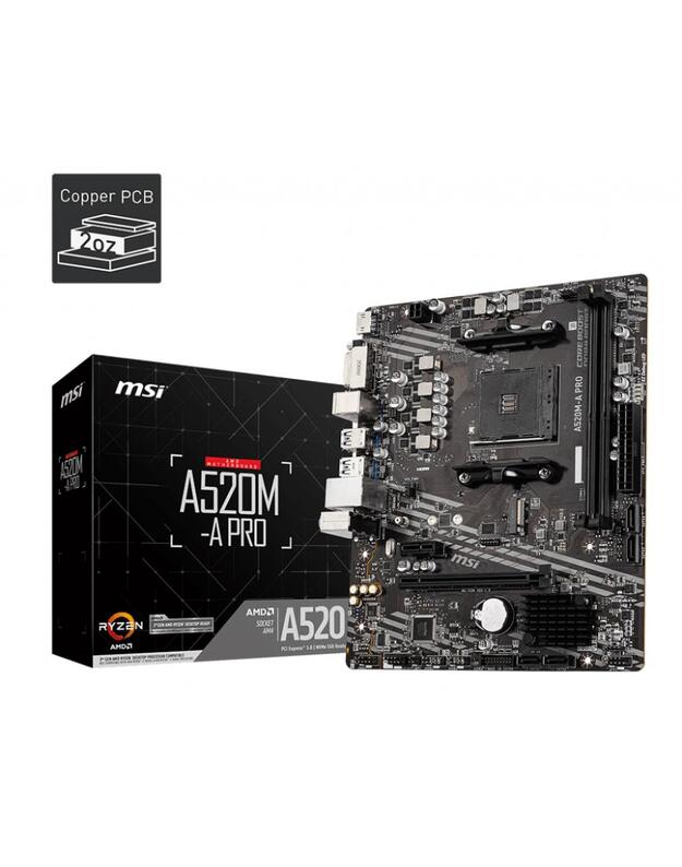 Mainboard|MSI|AMD A520|SAM4|MicroATX|1xPCI-Express 3.0 1x|1xPCI-Express 3.0 16x|1xM.2|Memory DDR4|Memory slots 2|1xDVI|1xHDMI|2xAudio-Out|2xUSB 2.0|4xUSB 3.2|1xRJ45|A520M-APRO