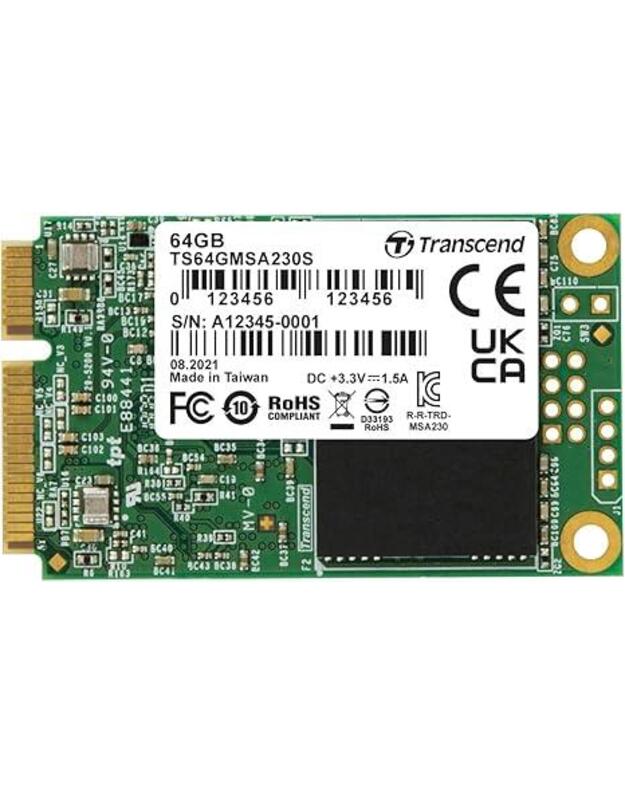 SSD|TRANSCEND|64GB|mSATA|SATA 3.0|3D NAND|Write speed 200 MBytes/sec|Read speed 350 MBytes/sec|TBW 35 TB|MTBF 200000 hours|TS64GMSA230S