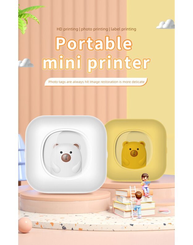 Nešiojamas vaikiškas terminis spausdintuvas Cat Mini Printer X7B, mėlynas + DOVANA (3 spalvoti rulonėliai)  1
