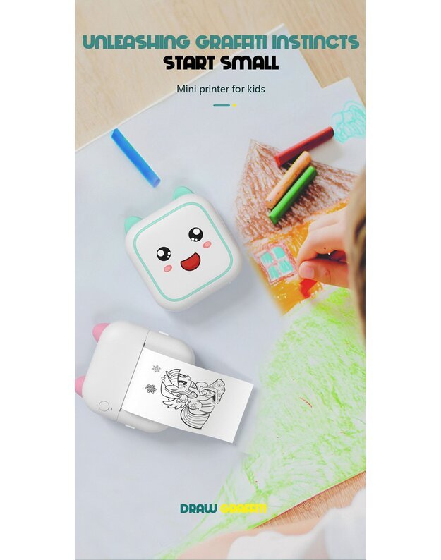 Nešiojamas vaikiškas terminis spausdintuvas Cat Mini Printer C26 mėlynas + DOVANA (3 spalvoti rulonėliai) 7