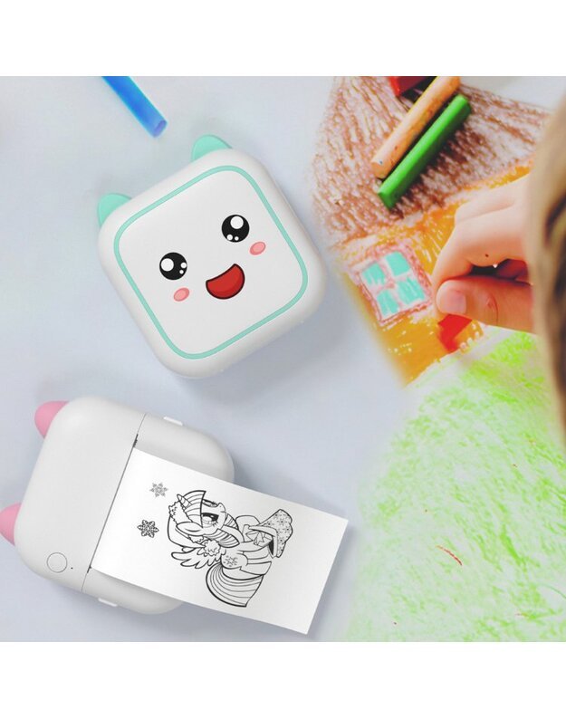 Nešiojamas vaikiškas terminis spausdintuvas Cat Mini Printer C26 mėlynas + DOVANA (3 spalvoti rulonėliai) 12