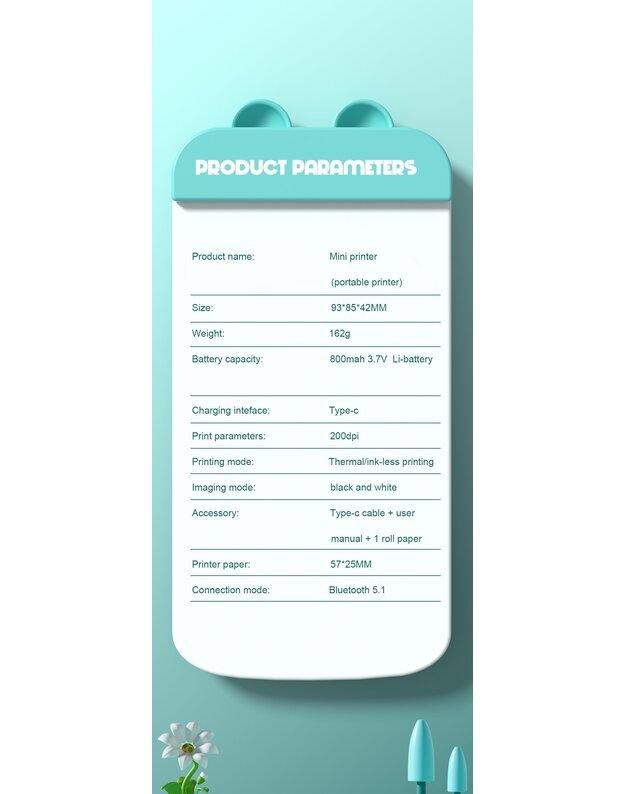 Nešiojamas vaikiškas terminis spausdintuvas Cat Mini Printer C26 mėlynas + DOVANA (3 spalvoti rulonėliai) 11