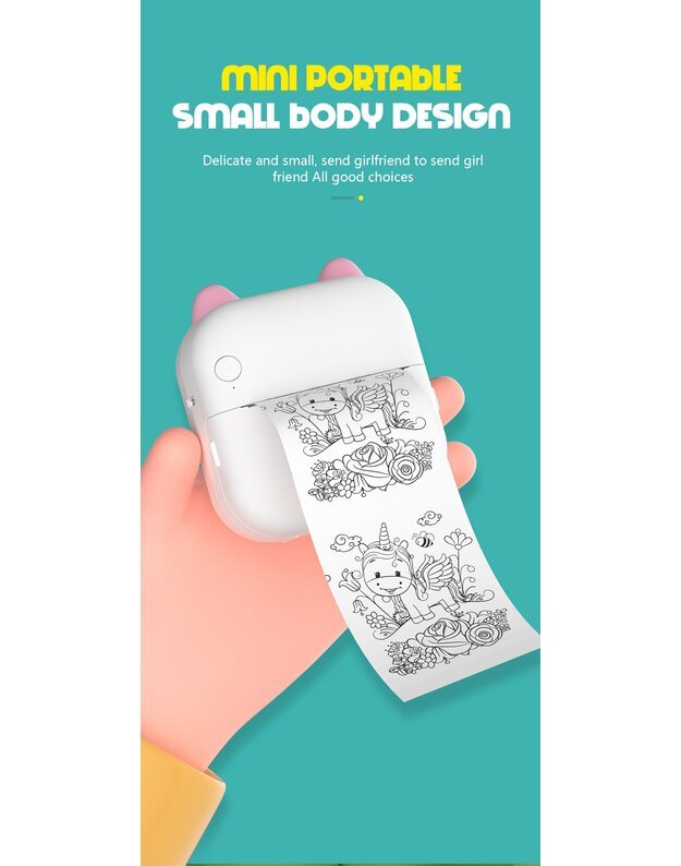 Nešiojamas vaikiškas terminis spausdintuvas Cat Mini Printer C26 mėlynas + DOVANA (3 spalvoti rulonėliai) 4