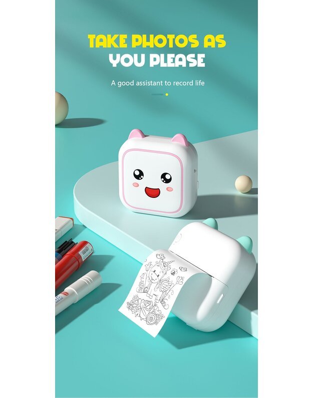 Nešiojamas vaikiškas terminis spausdintuvas Cat Mini Printer C26 mėlynas + DOVANA (3 spalvoti rulonėliai) 6