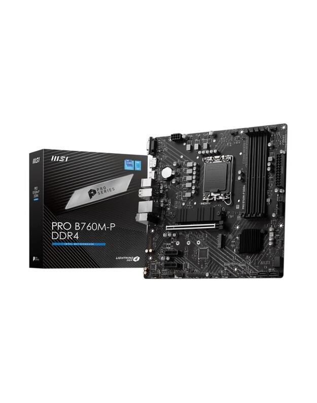 Mainboard|MSI|Intel B760 Express|LGA1700|Micro-ATX|Memory DDR4|Memory slots 4|2xPCI-Express 1x|1xPCI-Express 16x|2xM.2|1x15pin D-sub|1xHDMI|1xDisplayPort|4xUSB 2.0|1xUSB 3.2|1xUSB-C|2xPS/2|1xRJ45|3xAudio port|PROB760M-PDDR4