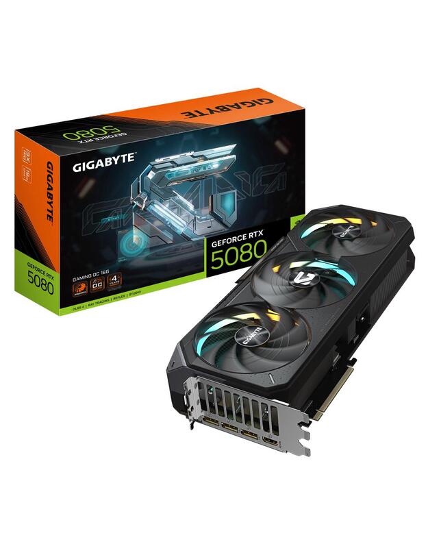 Graphics Card|GIGABYTE|NVIDIA GeForce RTX 5080|16 GB|GDDR7|256 bit|PCIE 5.0 16x|GPU 2617 MHz|Triple slot Fansink|1xHDMI|3xDisplayPort|GV-N5080GAMINGOC-16GD