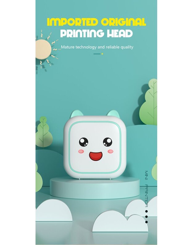 Nešiojamas vaikiškas terminis spausdintuvas Cat Mini Printer C26 rožinis + DOVANA (3 spalvoti rulonėliai) 8