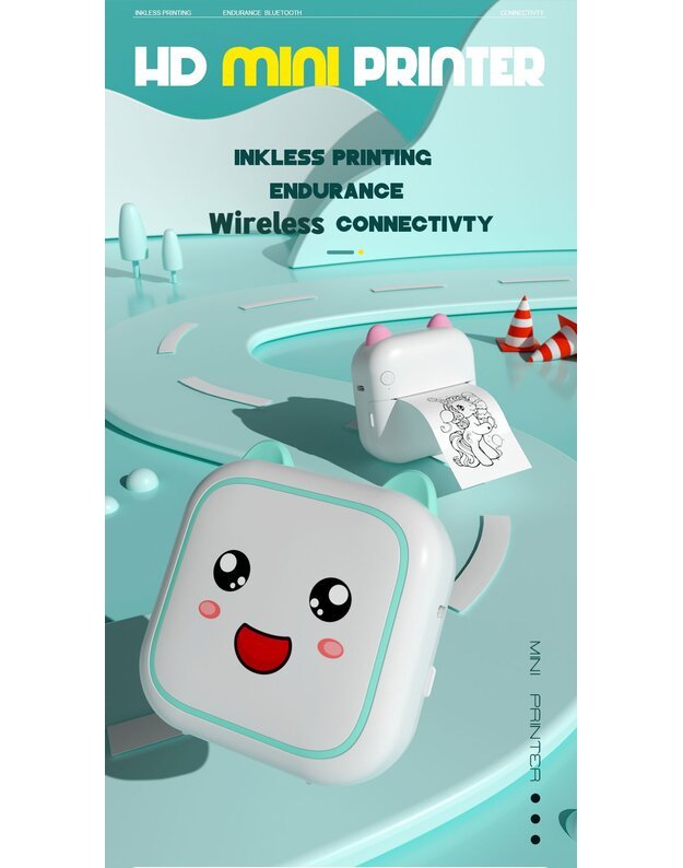 Nešiojamas vaikiškas terminis spausdintuvas Cat Mini Printer C26 rožinis + DOVANA (3 spalvoti rulonėliai) 10