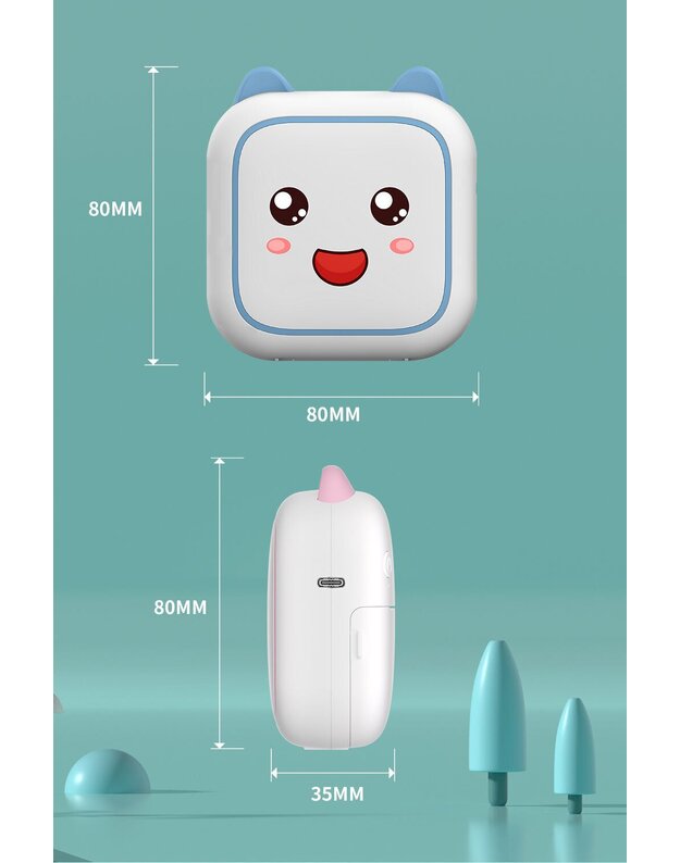 Nešiojamas vaikiškas terminis spausdintuvas Cat Mini Printer C26 rožinis + DOVANA (3 spalvoti rulonėliai) 1