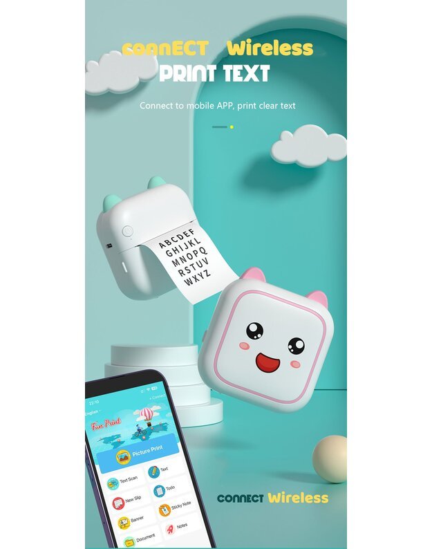 Nešiojamas vaikiškas terminis spausdintuvas Cat Mini Printer C26 rožinis + DOVANA (3 spalvoti rulonėliai) 5