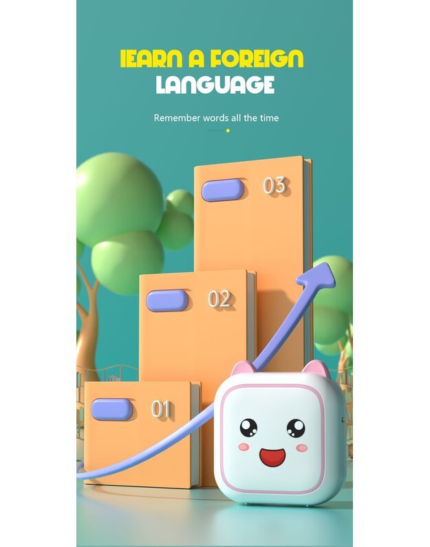 Nešiojamas vaikiškas terminis spausdintuvas Cat Mini Printer C26 rožinis + DOVANA (3 spalvoti rulonėliai) 2