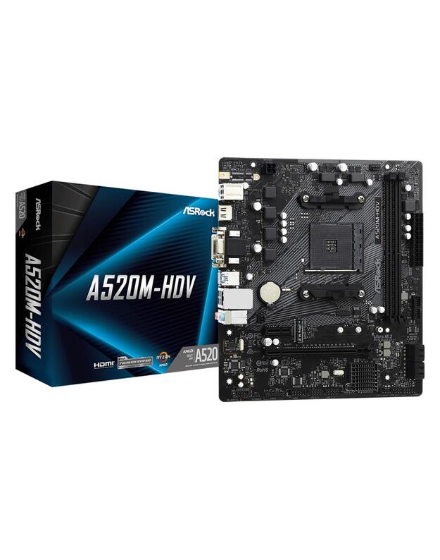 Mainboard|ASROCK|AMD A520|SAM4|MicroATX|1xPCI-Express 3.0 1x|1xPCI-Express 3.0 16x|1xM.2|Memory DDR4|Memory slots 2|1x15pin D-sub|1xDVI|1xHDMI|2xAudio-In|1xAudio-Out|2xUSB 2.0|4xUSB 3.2|1xPS/2|1xRJ45|A520M-HDV