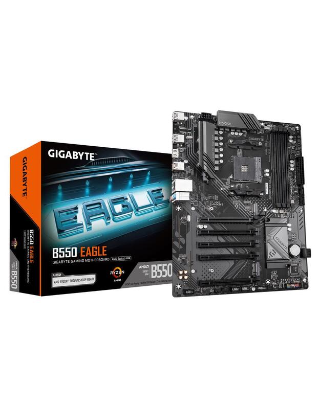 Mainboard|GIGABYTE|AMD B550|SAM4|ATX|Memory DDR4|Memory slots 4|4xPCI-Express 3.0 1x|1xPCI-Express 4.0 16x|2xM.2|1xHDMI|4xUSB 2.0|1xUSB 3.2 type B|2xUSB 3.2|1xUSB-C|1xRJ45|3xAudio port|B550EAGLE1.0