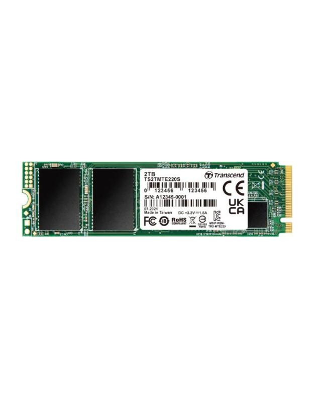 SSD|TRANSCEND|2TB|PCIe Gen3|NVMe|NAND flash technology 3D NAND|Write speed 2900 MBytes/sec|Read speed 3500 MBytes/sec|Form Factor M.2|TBW 4400 TB|MTBF 200000 hours|TS2TMTE220S