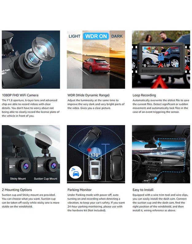 DreamQo Q9 Wi-Fi 1920*1080P vaizdo registratorius, juodas 5