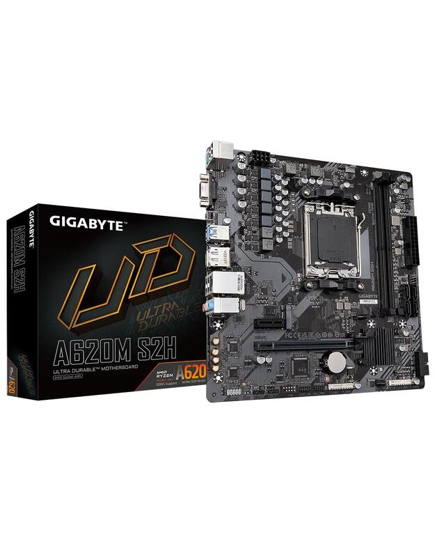Mainboard|GIGABYTE|AMD A620|SAM5|Micro-ATX|Memory DDR5|Memory slots 2|1xPCI-Express 3.0 1x|1xPCI-Express 4.0 16x|1xM.2|1x15pin D-sub|1xHDMI|1xDisplayPort|4xUSB 2.0|2xUSB 3.2|1xPS/2|1xRJ45|3xAudio port|A620MS2H1.2