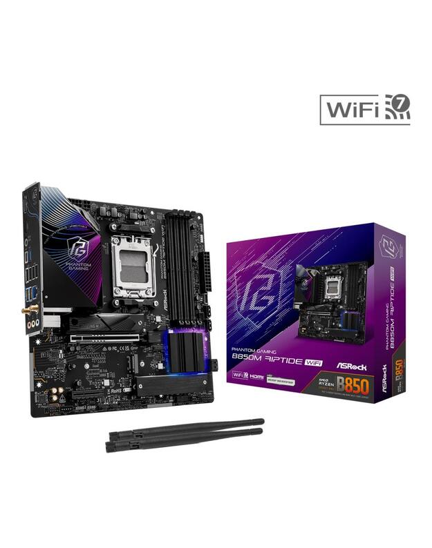 Mainboard|ASROCK|AMD B850|SAM5|Micro-ATX|Memory DDR5|Memory slots 4|1xHDMI|1xDisplayPort|1xAudio-In|1xAudio-Out|1xMicrophone|4xUSB 2.0|3xUSB 3.2|1xUSB-C|1xRJ45|B850MRIPTIDEWIFI