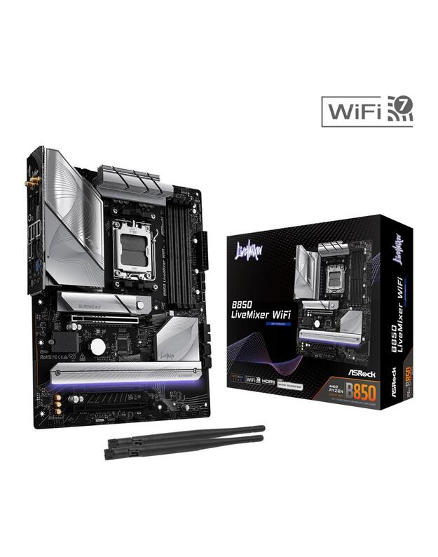 Mainboard|ASROCK|AMD B850|SAM5|ATX|Memory DDR5|Memory slots 4|2xPCI-Express 4.0 16x|1xPCI-Express 5.0 16x|1xM.2|1xHDMI|1xDisplayPort|1xAudio-In|1xAudio-Out|2xUSB 2.0|1xUSB-C|1xOptical S/PDIF|1xRJ45|B850LIVEMIXERWIFI