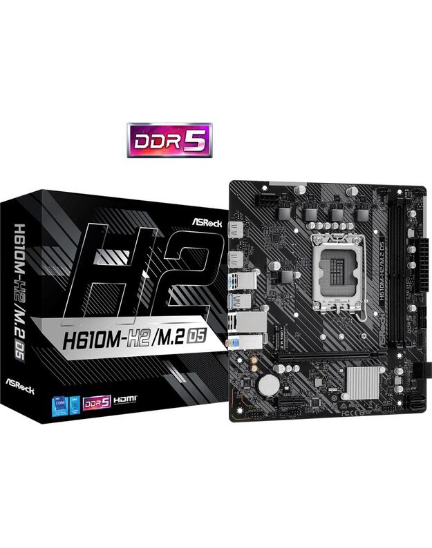 Mainboard|ASROCK|Intel H610|LGA1700|Micro-ATX|Memory DDR5|Memory slots 2|1xPCI-Express 3.0 1x|1xPCI-Express 4.0 16x|1xM.2|2xHDMI|4xUSB 2.0|2xUSB 3.2|1xPS/2|1xRJ45|3xAudio port|H610M-H2/M.2D5