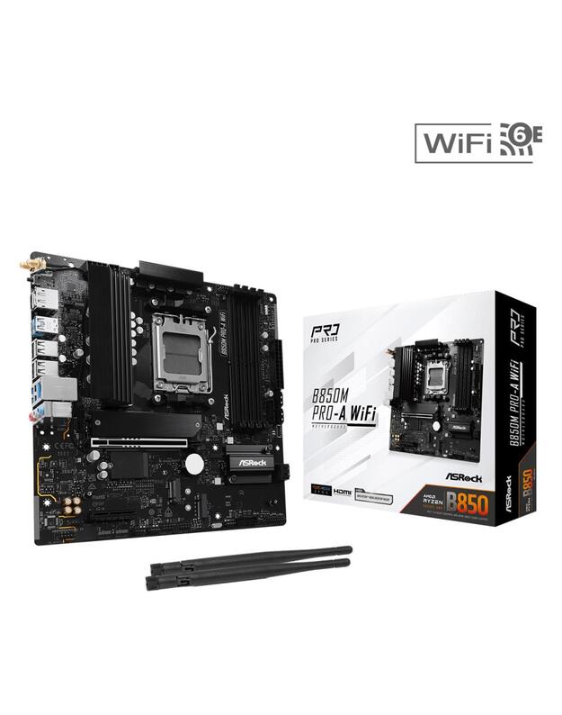 Mainboard|ASROCK|1xPCI-Express 4.0 4x |1xPCI-Express 5.0 16x|1xM.2|1xHDMI|1xDisplayPort|1xAudio-In|1xAudio-Out|1xMicrophone|4xUSB 2.0|3xUSB 3.2|1xUSB-C|1xRJ45|B850MPRO-AWIFI