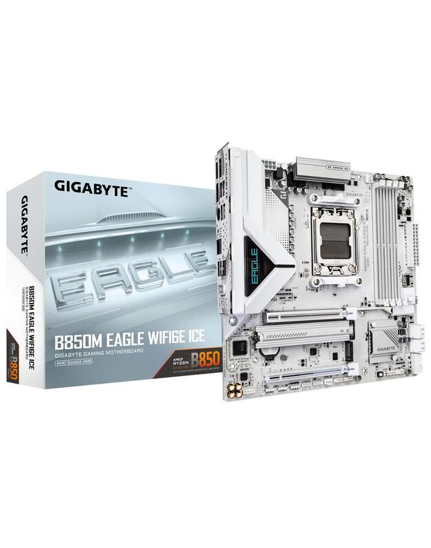 Mainboard|GIGABYTE|AMD B850|SAM5|Micro-ATX|Memory DDR5|Memory slots 4|1xPCI-Express 3.0 4x|1xPCI-Express 4.0 4x |1xPCI-Express 4.0 8x|1xPCI-Express 5.0 16x|2xM.2|1xHDMI|2xDisplayPort|4xUSB 2.0|3xUSB 3.2|1xUSB-C|1xPS/2|1xRJ45|3xAudio port|B850MEAGLEWF6EICE