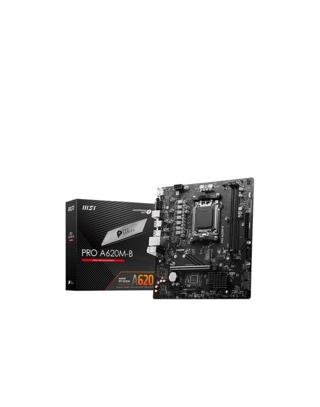 Mainboard|MSI|AMD A620|SAM5|Micro-ATX|Memory DDR5|Memory slots 2|1xPCI-Express 3.0 1x|1xPCI-Express 4.0 16x|1xM.2|1x15pin D-sub|1xHDMI|2xUSB 2.0|4xUSB 3.2|2xPS/2|1xRJ45|3xAudio port|PROA620M-B
