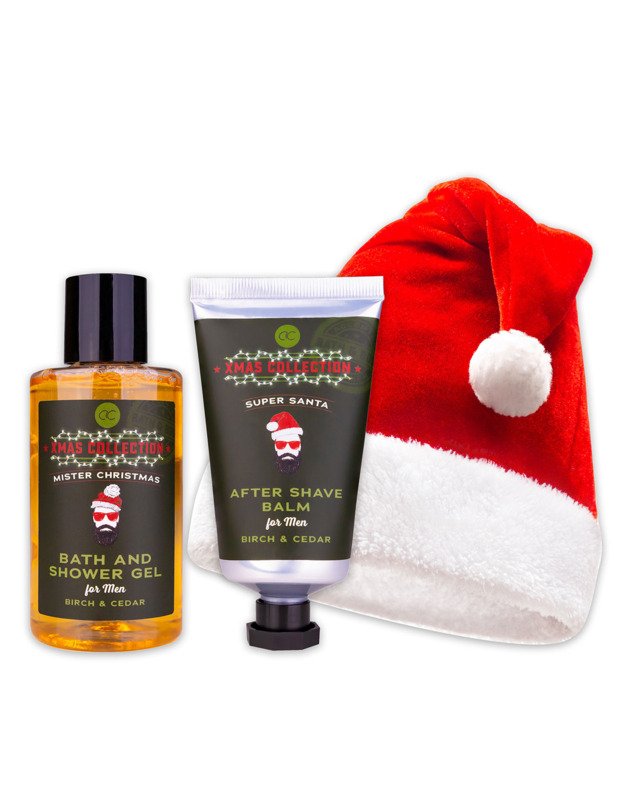 Vyrų kosmetikos dovanų rinkinys MEN S COLLECTION XMAS, 140 ml vonios ir dušo želė + 60 ml balzamas po skutimosi + Kalėdų senelio kepurė